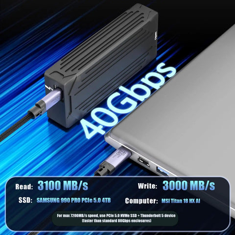 Speed Demon M2 Nvme Ssd Enclosure With Thunderbolt 4 And 5 Compatibility offering 40gbps, connected to a laptop.