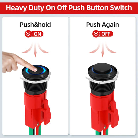 12V 20A Tough As Nails Heavy Duty Latching Push Button Switch Waterproof On Off 16mm Pushbutton With Blue LED operation example