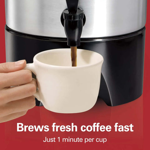 Close-up of Party Ready 45 Cup Coffee Urn And Hot Beverage Dispenser With Fast One Minute Per Cup Brew, dispensing coffee into a mug.