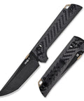 Chop2 Folding EDC Knife With Crossbar Lock 3.54 Inch D2 Tanto Blade And Carbon Fiber Handle, open and folded view.