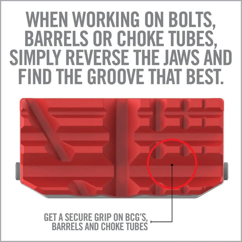 Heavy Duty Smart Jaws Bench Vise Sleeves Lock Down Firearms And Optics With Nine Precision Grooves view of reversible red TP rubber jaws.