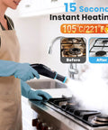 Powerful Portable Steam Cleaner With 15 Second Heat Up And 1250Ml Tank For Effortless Home Cleaning in action removing grease from stove.