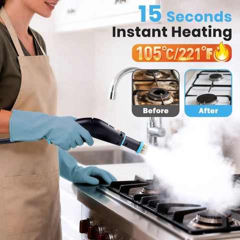 Powerful Portable Steam Cleaner With 15 Second Heat Up And 1250Ml Tank For Effortless Home Cleaning in action removing grease from stove.