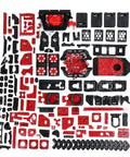 No Sweat 180mm FDM 3D Printer Kit Compatible With Voron Micron R1 with red and black 3D printed parts arranged neatly.