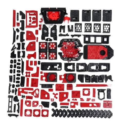 No Sweat 180mm FDM 3D Printer Kit Compatible With Voron Micron R1 with red and black 3D printed parts arranged neatly.