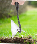 Beast Triangle Garden Hoe Tool for Digging and Manuring Sturdy Pointed Hoe Head with galvanized iron in action on grass soil