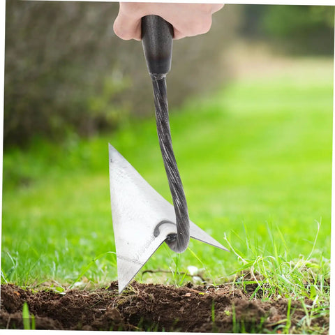 Beast Triangle Garden Hoe Tool for Digging and Manuring Sturdy Pointed Hoe Head with galvanized iron in action on grass soil