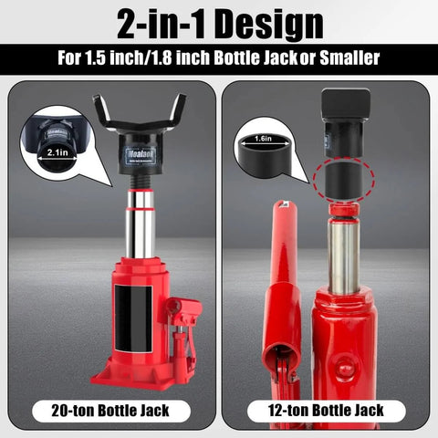 Heavy Duty Bottle Jack Adapter For Twelve Ton And Twenty Ton Jacks, Tough As Nails Axle Lift Saddle For Three Inch Round Axles And Three Inch Square Tubes shown on 20-ton and 12-ton jacks