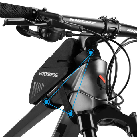 Close-up of waterproof 0.6L bike saddle bag and frame bag on a mountain bike, showing rainproof zippers and durable material.