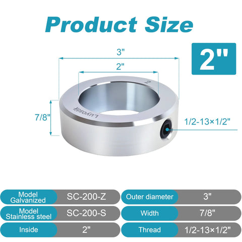 Luyostik shaft collar, 2 in bore, zinc-plated solid steel, 3 in outer diameter, 7/8 in width, 1/2-13 set screw hole
