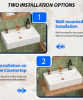 CHIKESI 24"x14" Wall Mount Sink, White Rectangular shown in wall-mounted and countertop installation options.