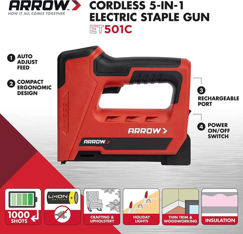 Image of a Cordless And Battery Powered Go To 5 In 1 Staple And Nail Gun For Upholstery Framing Roofing Crafts Fencing And Cable Projects With 18 Gauge Brad Nails T50 Staples JT21 Thin Wire Staples And T25 Staples
