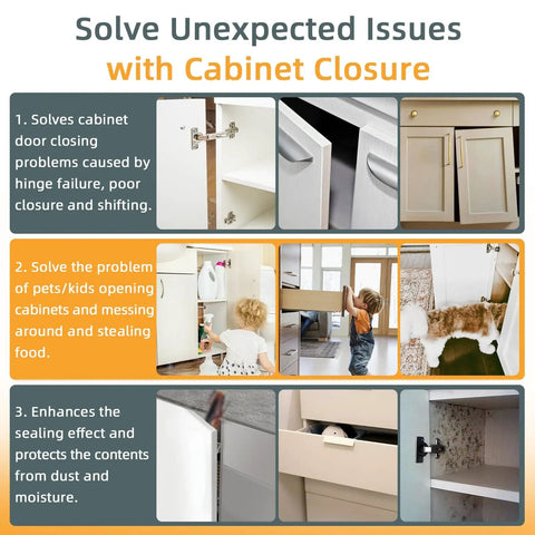 Benefits of using 4 Pack Heavy Duty Magnetic Cabinet Door Catches With 90Lb Hold Stainless Steel Strong Magnetic Latch, shown in kitchen and bathroom setups.