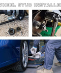 Professional Wheel Stud Installer Tool For Cars And Trucks Boasts Rust Resistant Steel Design in use on a tire.