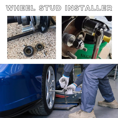 Professional Wheel Stud Installer Tool For Cars And Trucks Boasts Rust Resistant Steel Design in use on a tire.