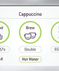 Heavy Duty Fully Automatic Espresso Machine With Slick Touchscreen Interface showing cappuccino settings and icons.
