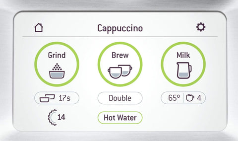 Heavy Duty Fully Automatic Espresso Machine With Slick Touchscreen Interface showing cappuccino settings and icons.