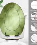 Quiet Close Elongated Toilet Seat for Bathroom in green design, showing adjustable hinges and installation features.
