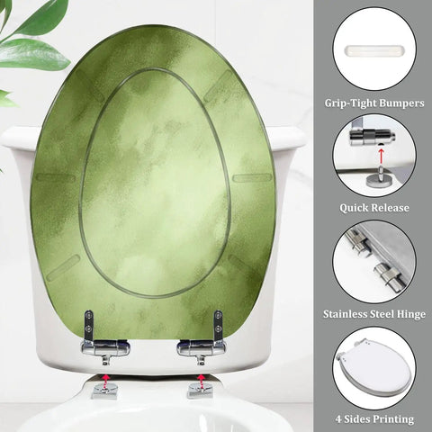 Quiet Close Elongated Toilet Seat for Bathroom in green design, showing adjustable hinges and installation features.