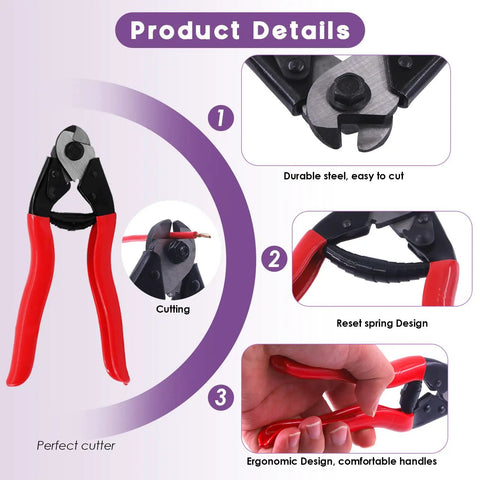 123 Piece Wire Rope Hand Swager Crimping Tool Kit With 24 Inch Cable Cutter Aluminum Loop Sleeves Aircraft Grade Rope Thimbles 304 Stainless Thimbles Protective Gloves And More For DIY Rigging, showing red-handled cable cutter details