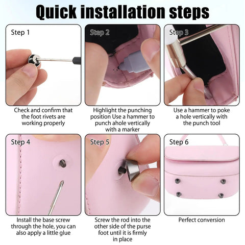 Quick installation steps for Heavy Duty Brass Screw Back Purse Feet And Metal Rivets For Handbag Bottom Protectors.