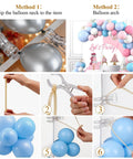 Massive Balloon Arch Kit With 100 Long Skinny Latex Twisting Strips Plus Heavy Duty Plastic Clips For Birthday Weddings And Epic Party Backdrops, clear clip and balloon arch setup