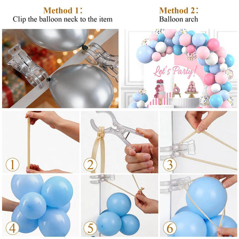 Massive Balloon Arch Kit With 100 Long Skinny Latex Twisting Strips Plus Heavy Duty Plastic Clips For Birthday Weddings And Epic Party Backdrops, clear clip and balloon arch setup