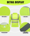 Detail display of Shop Floor Ready Long Sleeve Hi Vis Safety Shirt With Bold Reflective Strips Class Three Ansi Certified Work Tee.