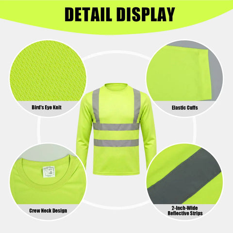 Detail display of Shop Floor Ready Long Sleeve Hi Vis Safety Shirt With Bold Reflective Strips Class Three Ansi Certified Work Tee.