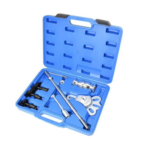 Rear Axle Bearing Removal Tool Kit With Slide Hammer And Adapters, Eight Piece Automotive Bearing Extractor in blue case