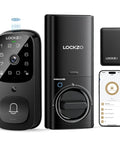 All In One Dope Smart Door Lock With Camera And Video Doorbell, 3 In 1 WiFi Keyless Entry System shown with app interface and lens