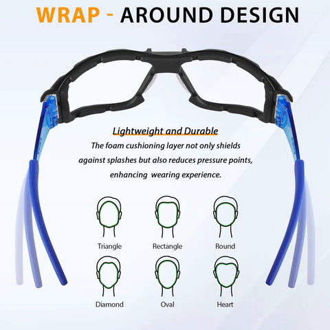 Rock Solid Two Pack Anti Fog Safety Glasses With Thick Foam Lined Gasket Secure Buckle Strap and Rugged Carry Pouch showing wrap-around design and cushioned fit.