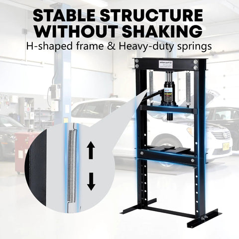 12 Ton Hydraulic H Frame Shop Press With Adjustable Table And Stamping Plates For Auto Repair Garage Use And Metalworking Projects Like Bearing Removal U Joint Installation Straightening And More Black Finish in garage with close-up on heavy-duty springs.