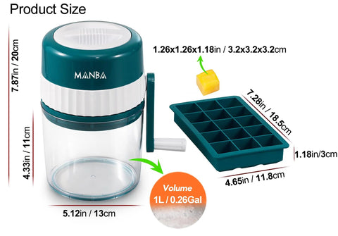 Portable Ice Shaver And Snow Cone Machine With Free Ice Cube Trays, Quick Ice Crusher For Fluffy Snow Cone Shaved Ice, Stainless Steel Components, BPA Free, Party Ready For Margaritas Or Slushies At Home next to dimensions