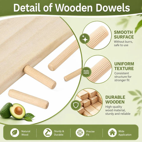 All-In-One 314-Piece Wood Dowels Kit Pro-Grade with dowel details and labeling for woodworking and furniture assembly.