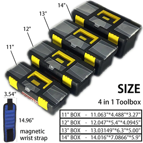 Four Piece Portable Toolbox Set With Built In Latch Tray And Magnetic Wristband shown in 11, 12, 13, and 14 inch sizes.
