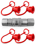 3/8-inch flat-face hydraulic quick-connect couplers with red dust caps; metal body, ISO 16028, 1/2-inch NPT threads