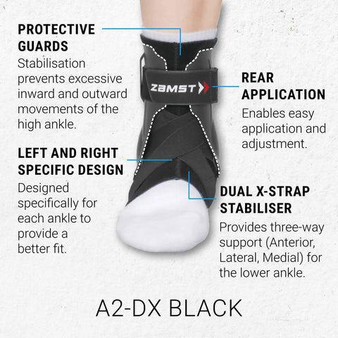A2 DX Sports Ankle Brace With Protective Guards For High Ankle Sprains And Chronic Instability, Black Right Small