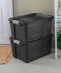 Stacked Six-Pack 19 Gallon Stackable Totes For Home Organization, Rugged Black Plastic Storage Bins With Recessed Lids