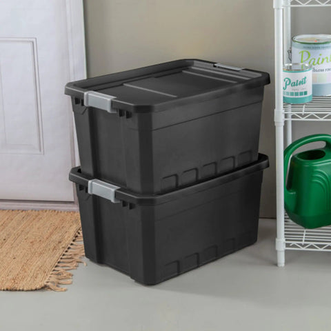 Stacked Six-Pack 19 Gallon Stackable Totes For Home Organization, Rugged Black Plastic Storage Bins With Recessed Lids