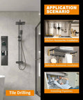 BGTEC 10pc Dry Diamond Drill Bit Set for tile and stone, shown in a bathroom shower installation context.