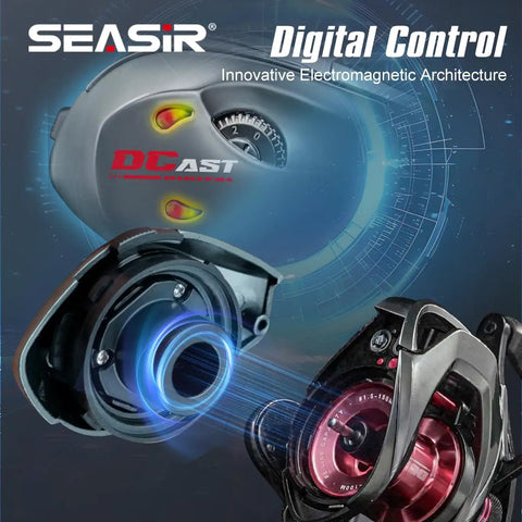 DCast Baitcaster Reel With Digital Control System showcasing internal mechanisms and digital display, grey and red finish.
