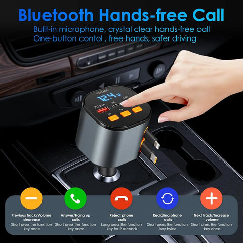 5 In 1 Fast Car Charger With 90W PD Power Retractable USB C And USB A Cables Bluetooth Five Three FM Transmitter Handsfree