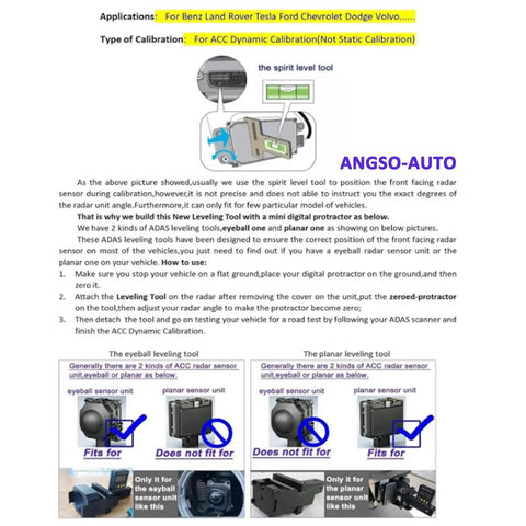 Battery Powered Car Radar Angle Leveling Tool For Planar Sensor Unit Easy ADAS Calibration Device For Accurate ACC Positioning And Sensor Alignment On The Go. Diagram for planar ACC radar calibration and spirit level use