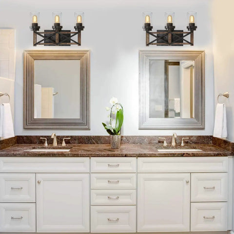 Bathroom with Industrial Three Light Vanity Fixture With Seeded Glass Shades 18.9 Inch Rustic Farmhouse Vibe Wall Sconce
