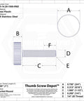 The Real Deal Stainless Steel Thumb Screws 1/4-20 By 1-1/2 Inch With Chunky Black Knurled Round Knobs diagram with dimensions.