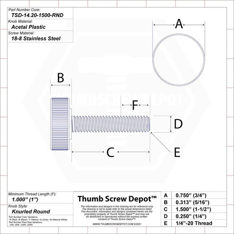 The Real Deal Stainless Steel Thumb Screws 1/4-20 By 1-1/2 Inch With Chunky Black Knurled Round Knobs diagram with dimensions.