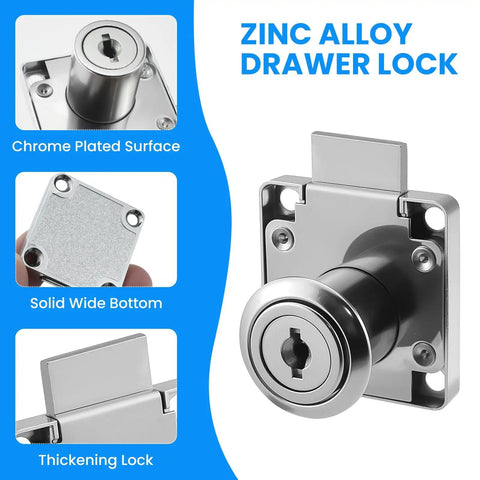 Heavy Duty Zinc Alloy Drawer Lock With Chrome Finish And Matching Screws, showcasing chrome plated surface and solid wide bottom.