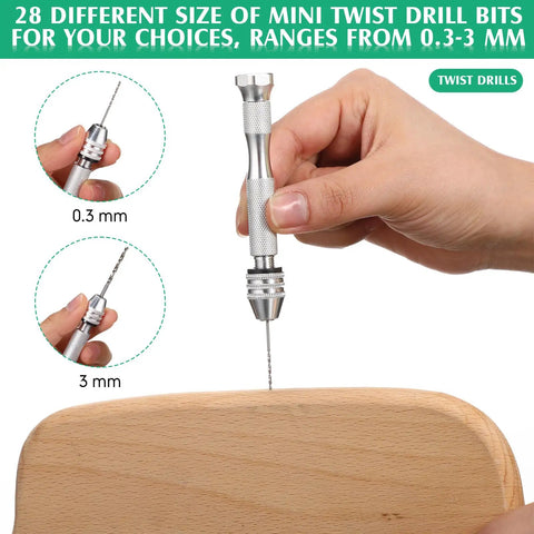 Hand holding pin vise from 57 Piece Micro Drill Bits And Pin Vise Set for Resin Beads Polymer Clay Craft DIY Jewelry and Model Making