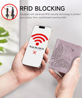 Demonstration of RFID blocking using a smartphone and Slim RFID Blocking Wallet For Women Ultra Thin Bifold Card Holder Compact Purple Mini Wallet For Back Pocket Or Purse Womens Everyday Carry Fits In Front Pocket Too